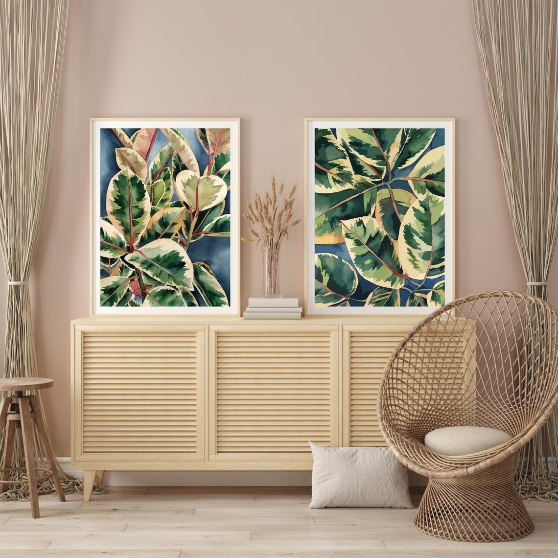 Variegated Ficus Elastica Leaves On Navy Blue Watercolor Poster - Image 3