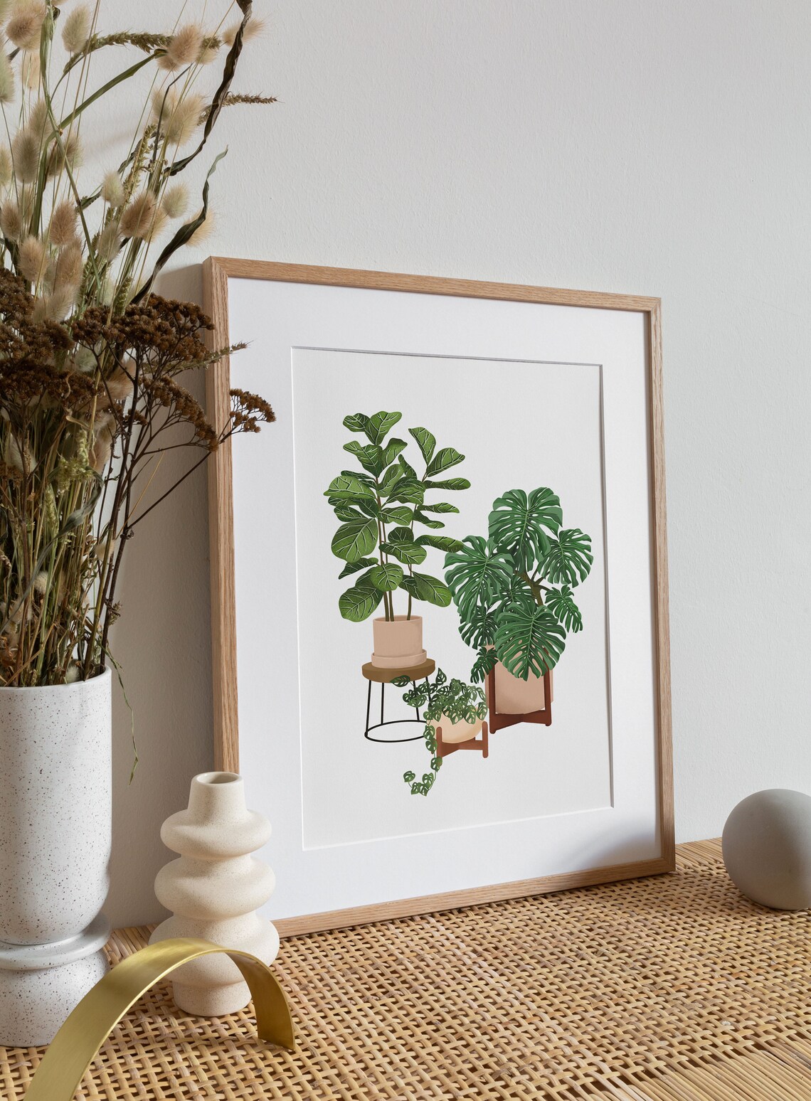 Monstera Deliciosa With Fiddle Leaf Fig Botanical Illustration Poster