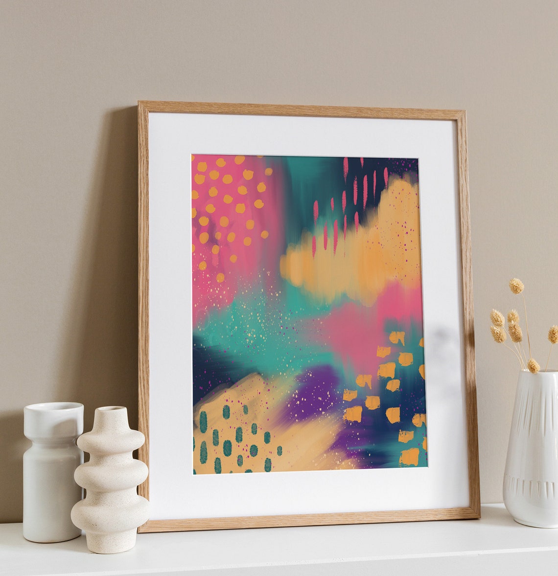 Colourful Chaos In Teal Pink Mustard Modern Abstract Art Poster - Image 3