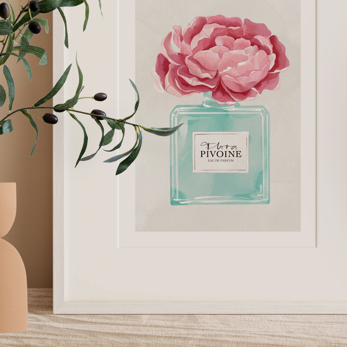 Flora Pivoine Peony Perfume Bottle Mint Watercolor Art Poster - Image 3