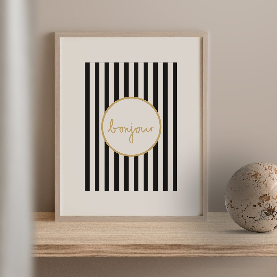 Bonjour Typography Quote Art Print, Black White Stripes - Image 2