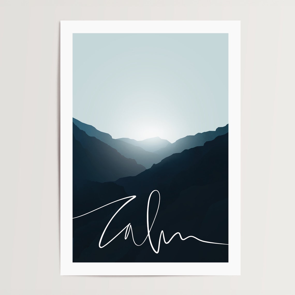 Calm White Script Moonlit Blue Mountain Valley Landscape Poster - Image 4