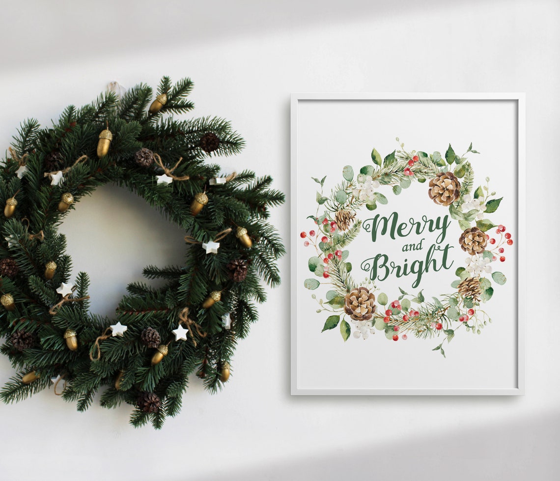 Merry And Bright Watercolor Pine Wreath Christmas Greeting Wall Art - Image 4