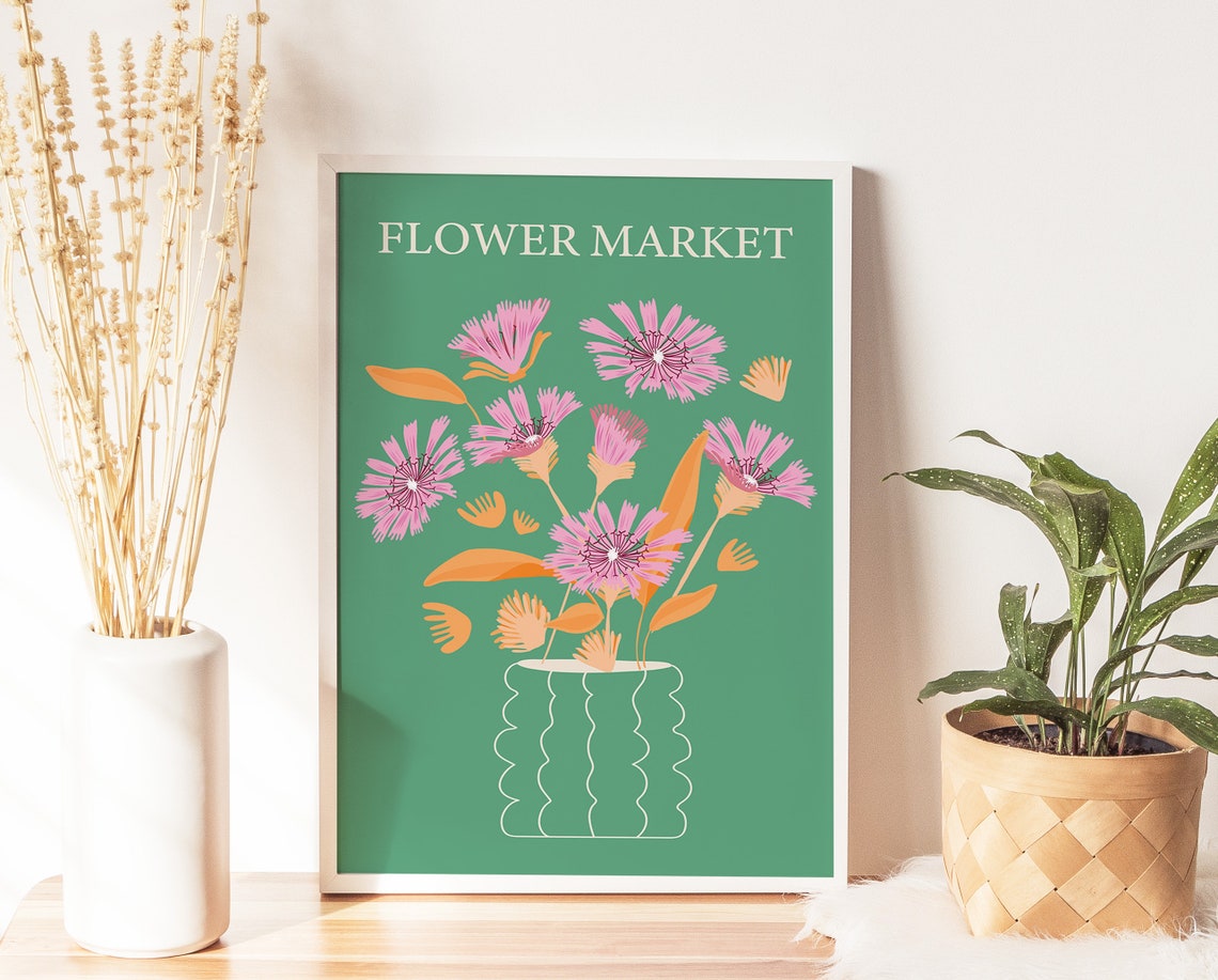 Flower Market Pink Blooms Green Vase Botanical Boho Art Print - Image 3