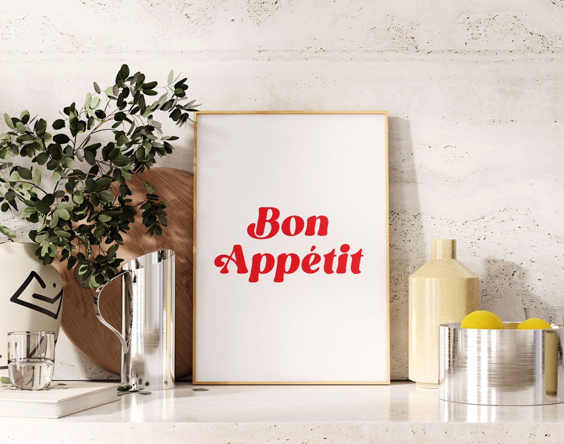 Bon Appetit Red Retro Typography French Kitchen Quote Decor Poster - Image 3