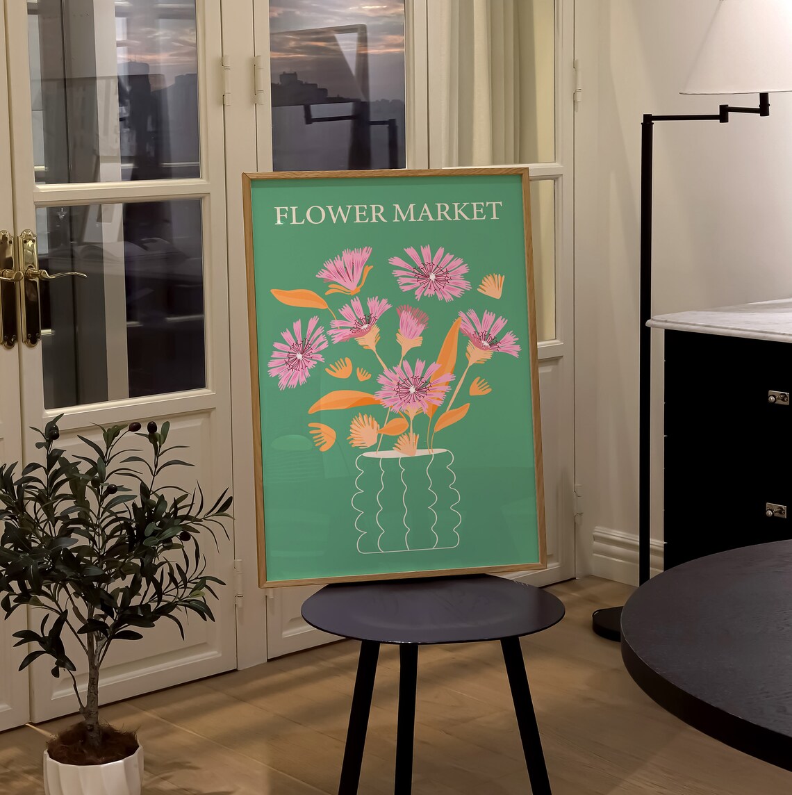 Flower Market Pink Blooms Green Vase Botanical Boho Art Print