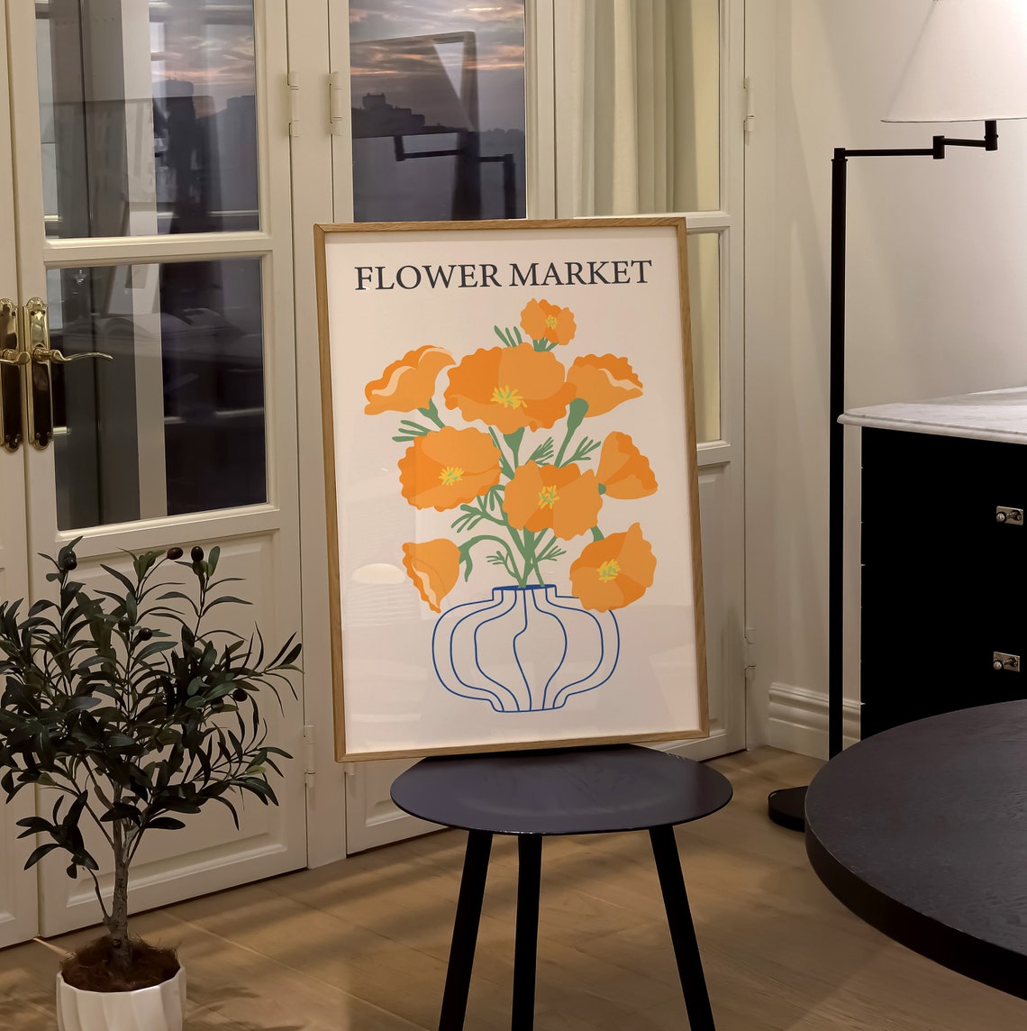Flower Market Sunny Orange Poppies Vase Botanical Boho Art Print