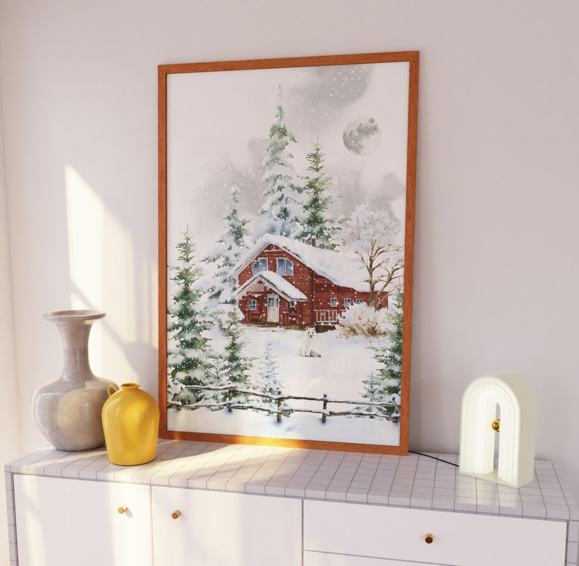 White Arctic Wolf Resting Before Red Snowy Cabin Moonlight Wall Art - Image 3