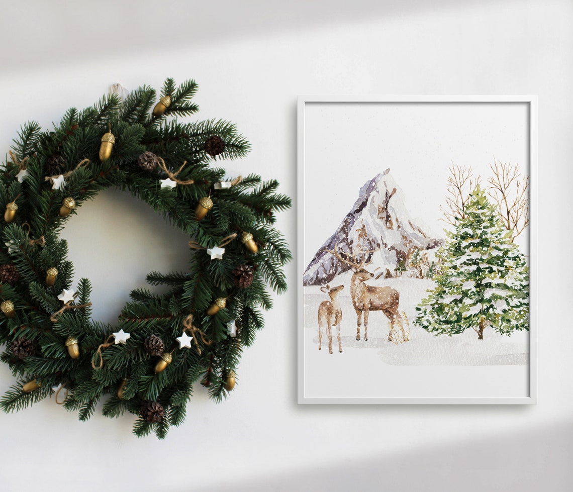 Two Deer In Snowy Mountain Landscape Winter Watercolor Poster - Image 2