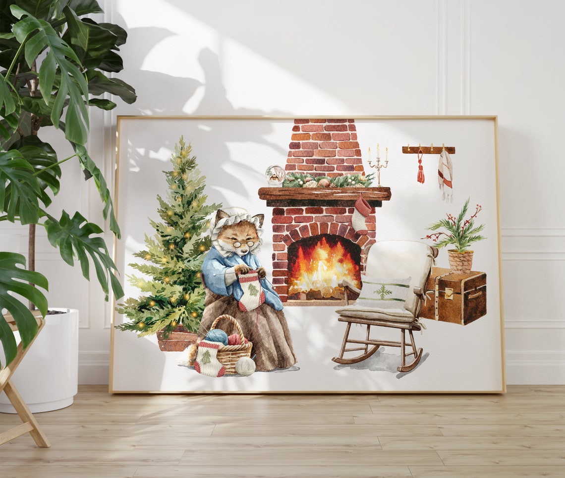 Grandma Cat Knitting By Brick Fireplace Christmas Watercolor Poster - Image 4