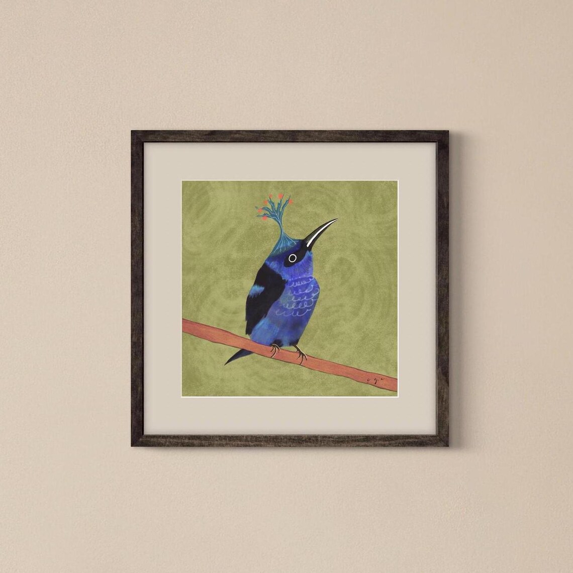 Blue Bird With A Floral Hat Bird Print