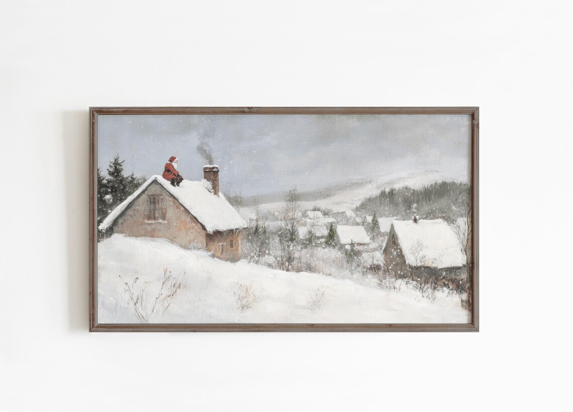 Santa On Snowy Cottage Roof Christmas Eve Village Painting Poster