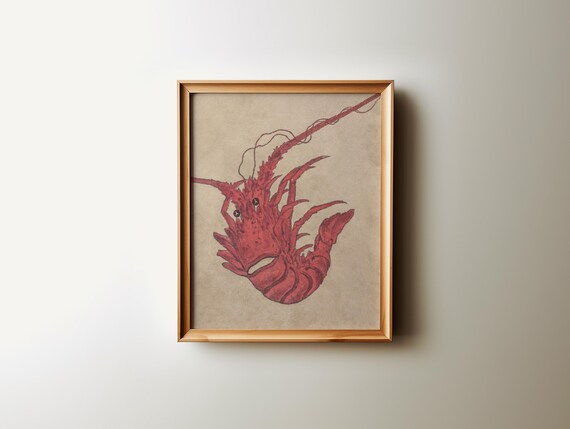 Red Lobster Art Vintage Print Kitchen Neutral Coastal Aesthetic Wall Art