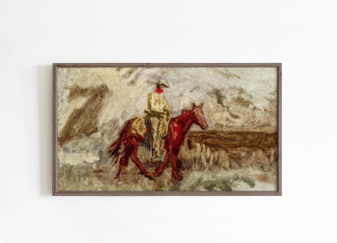 Cowboy On Horseback Western Desert Vintage Ranch Painting Poster