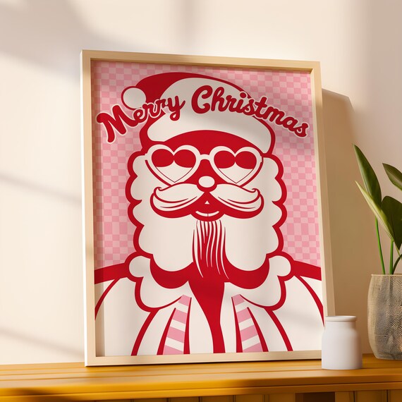 Merry Christmas Pink Santa Poster Heart Sunglasses Retro Holiday Decor
