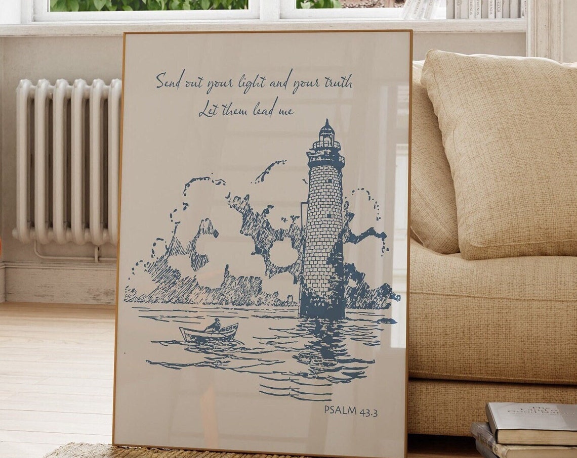 Lighthouse Psalm 43 Verse Blue Coastal Sketch Christian Wall Art - Image 3