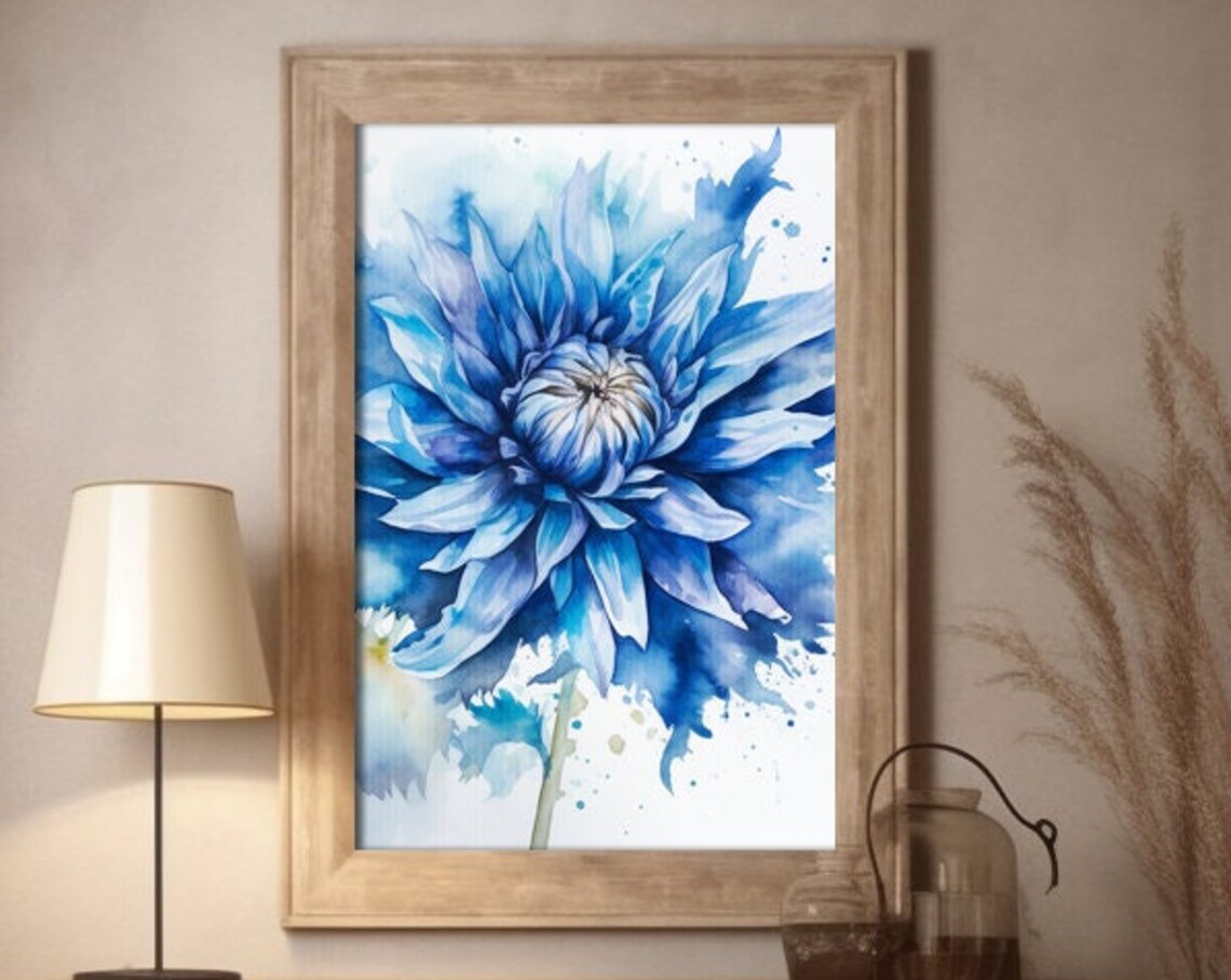 Blue Dahlia Flower Watercolor Abstract Botanical Painting Print