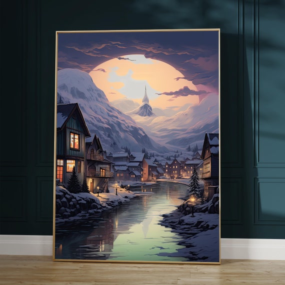Anime Poster Snowy Mountain Town With Full Moon Perfect Otaku Gift For Him Or Her Ideal For Anime Or Manga Lovers