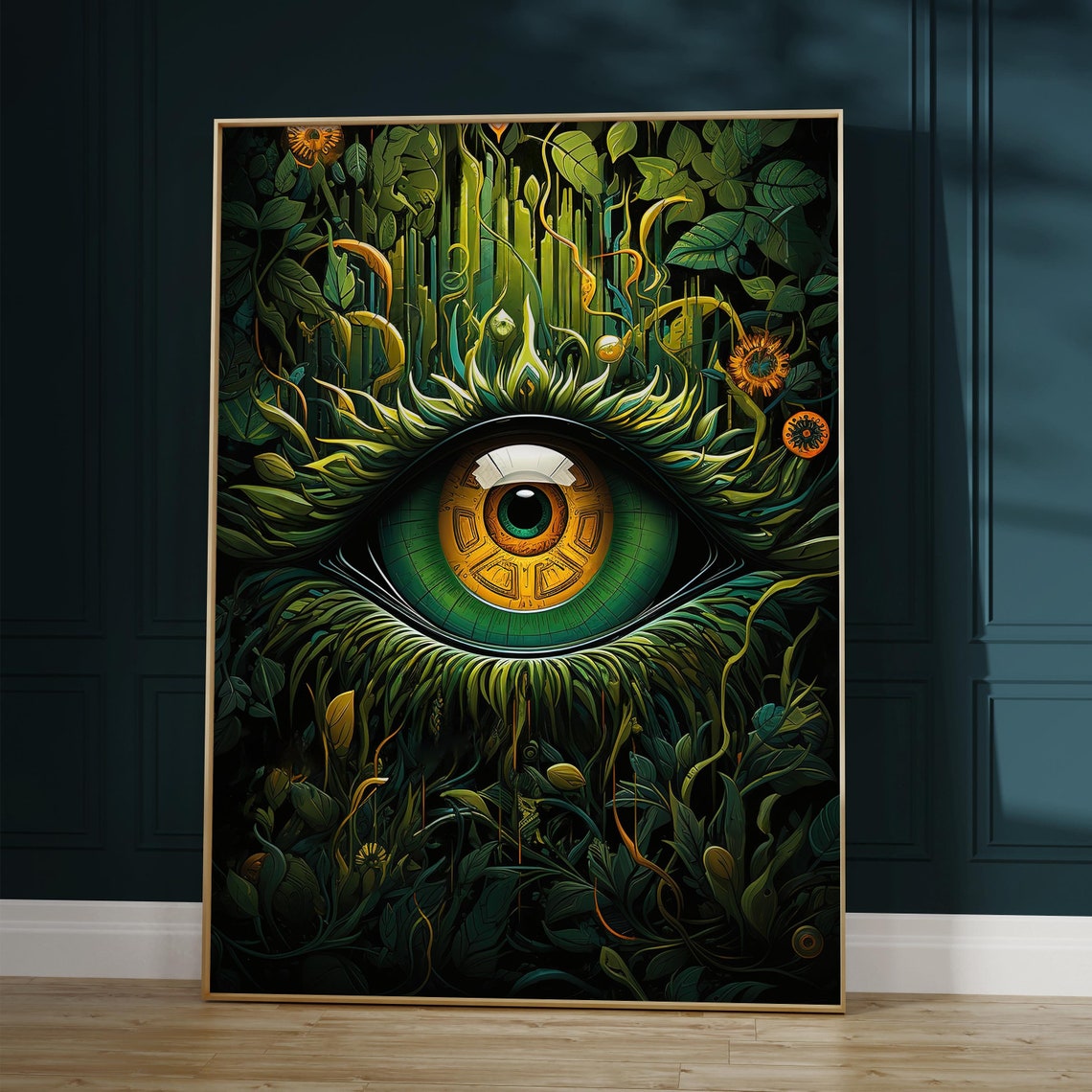 Surreal Green Eye Surrounded by Lush Jungle Leaves and Flowers Poster - Image 2