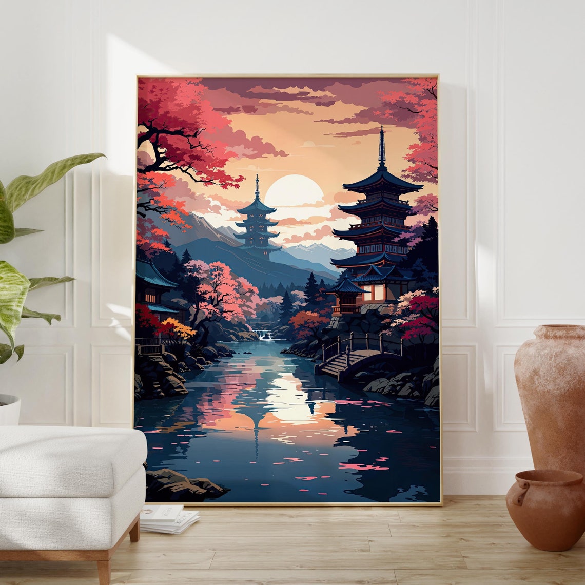 Kyoto Pagodas Sunset Poster with River Reflection and Red Maples Art - Image 2