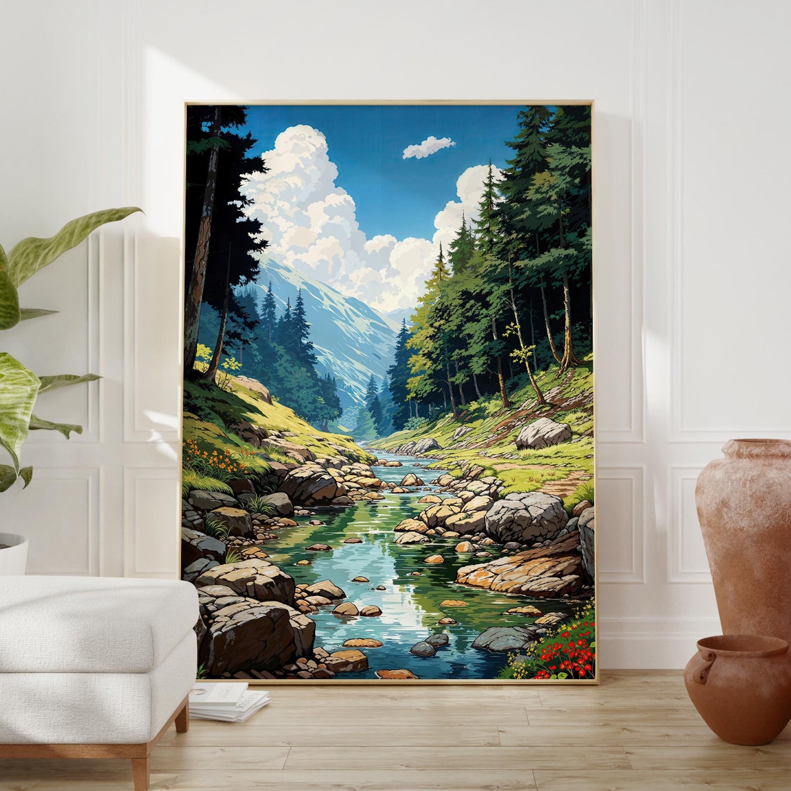 Mountain Stream Forest Poster with Rocky River and Pine Trees Anime - Image 2