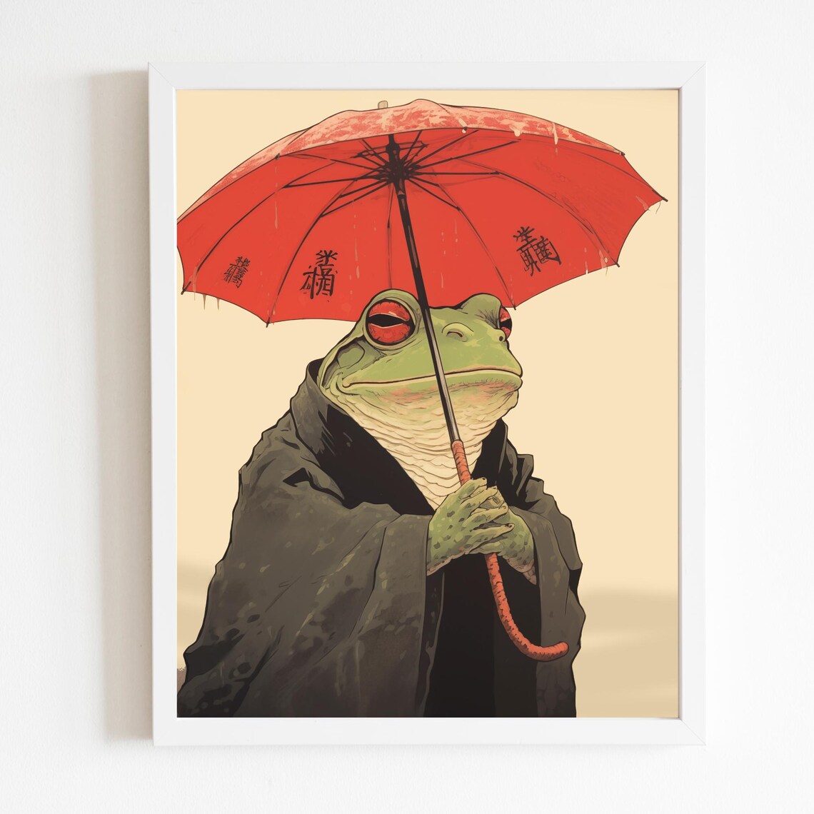 Japanese Frog in Kimono with Red Umbrella Woodblock Style Art Poster - Image 4
