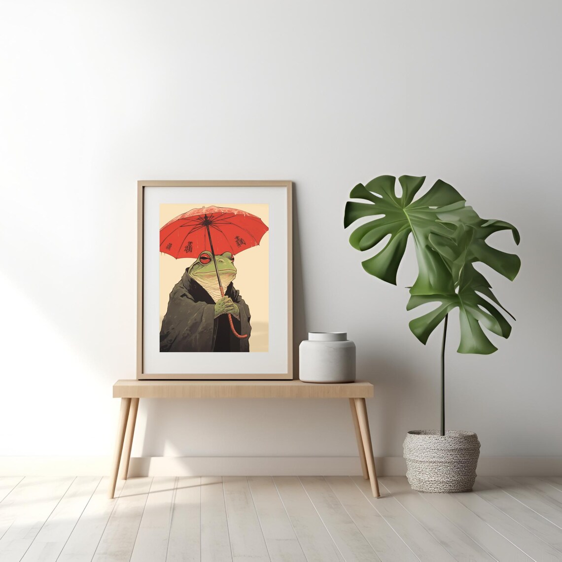 Japanese Frog in Kimono with Red Umbrella Woodblock Style Art Poster - Image 2