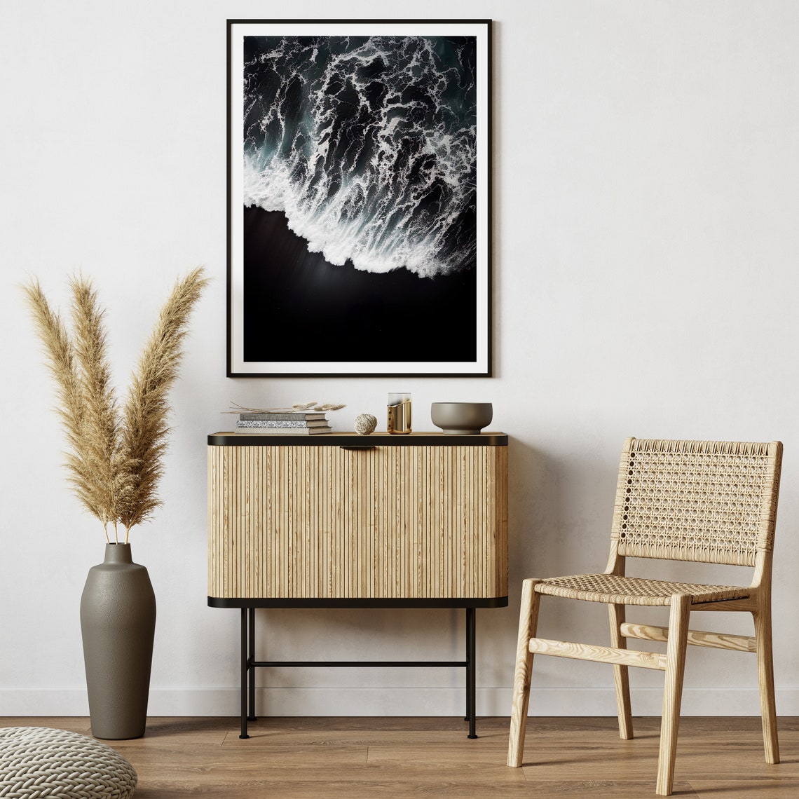 White Foam Wave Over Black Sand Dramatic Aerial Ocean Photo Poster - Image 2