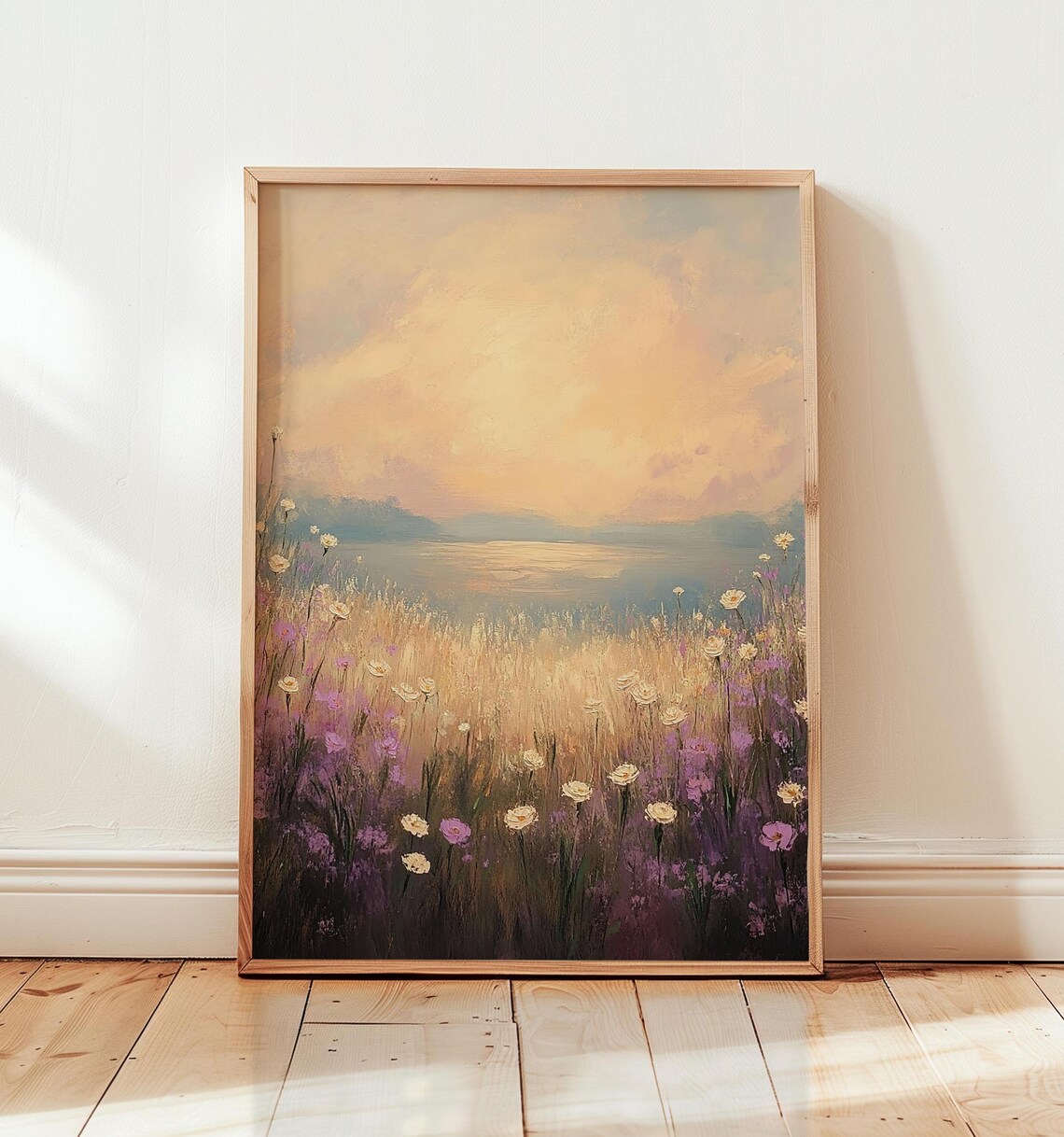 Purple and White Wildflower Field Sunset Distant Water Vintage Poster - Image 2