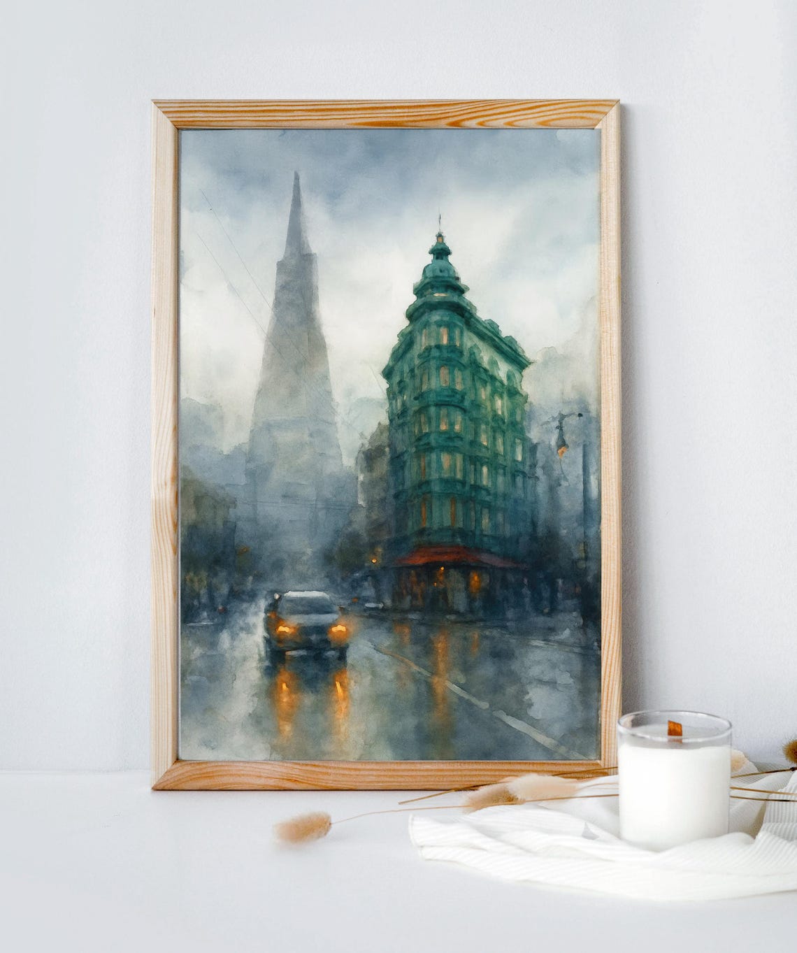Rainy San Francisco Watercolor Transamerica Pyramid Street Poster