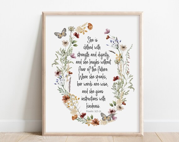 She Is Clothed With Strength And Dignity Proverbs 31 Floral Wreath Print