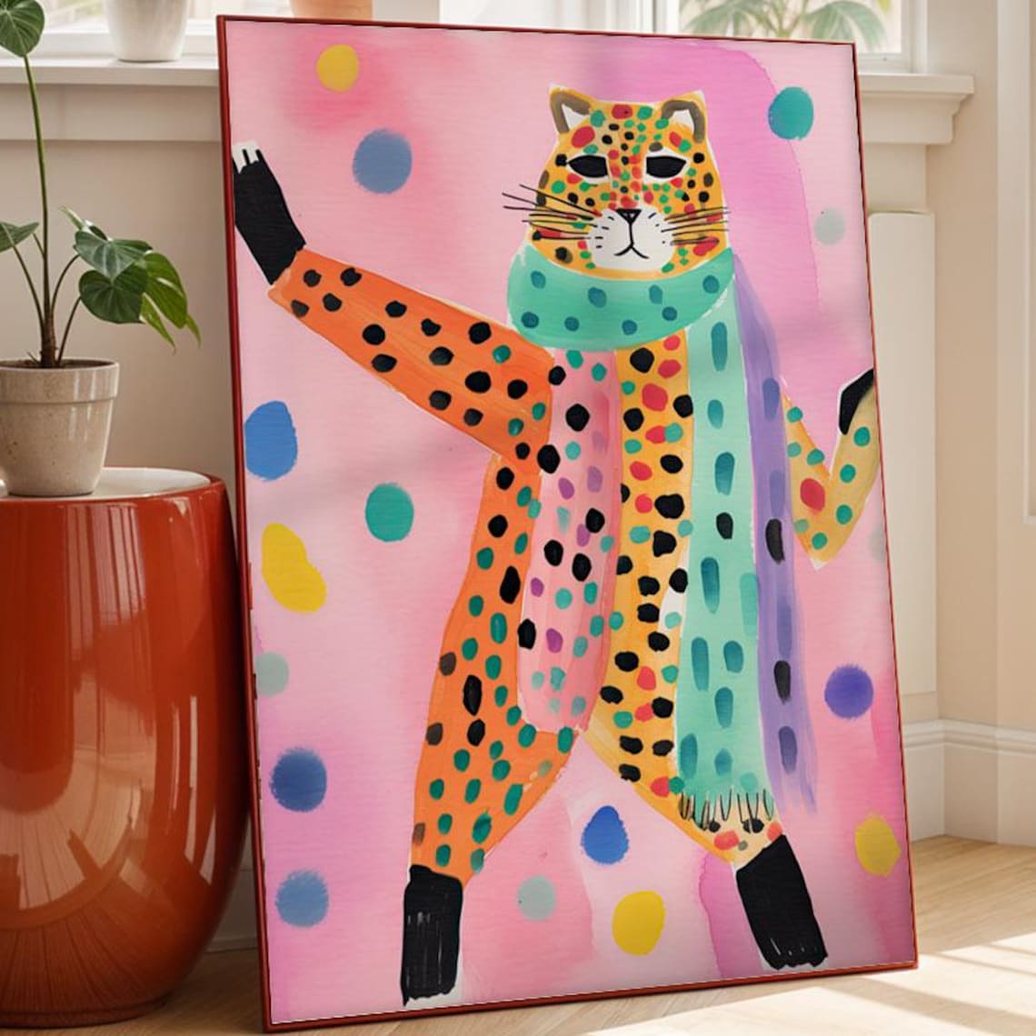 Dancing Cheetah in Colorful Scarf Playful Kids Room Art Poster