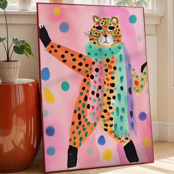 Animal Wall Art Poster Dancing Cheetah With Scarf Illustration Print For Kids Or Creative Spaces Playful Drawing
