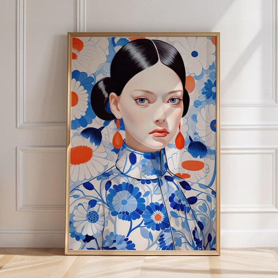 Fashion Portrait Poster Vintage Floral Woman Illustration Print Whimsical Art For Wall Decor Instant Drawing