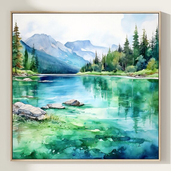 Jasper National Park Alpine Lake Mountain Watercolor Scene Poster