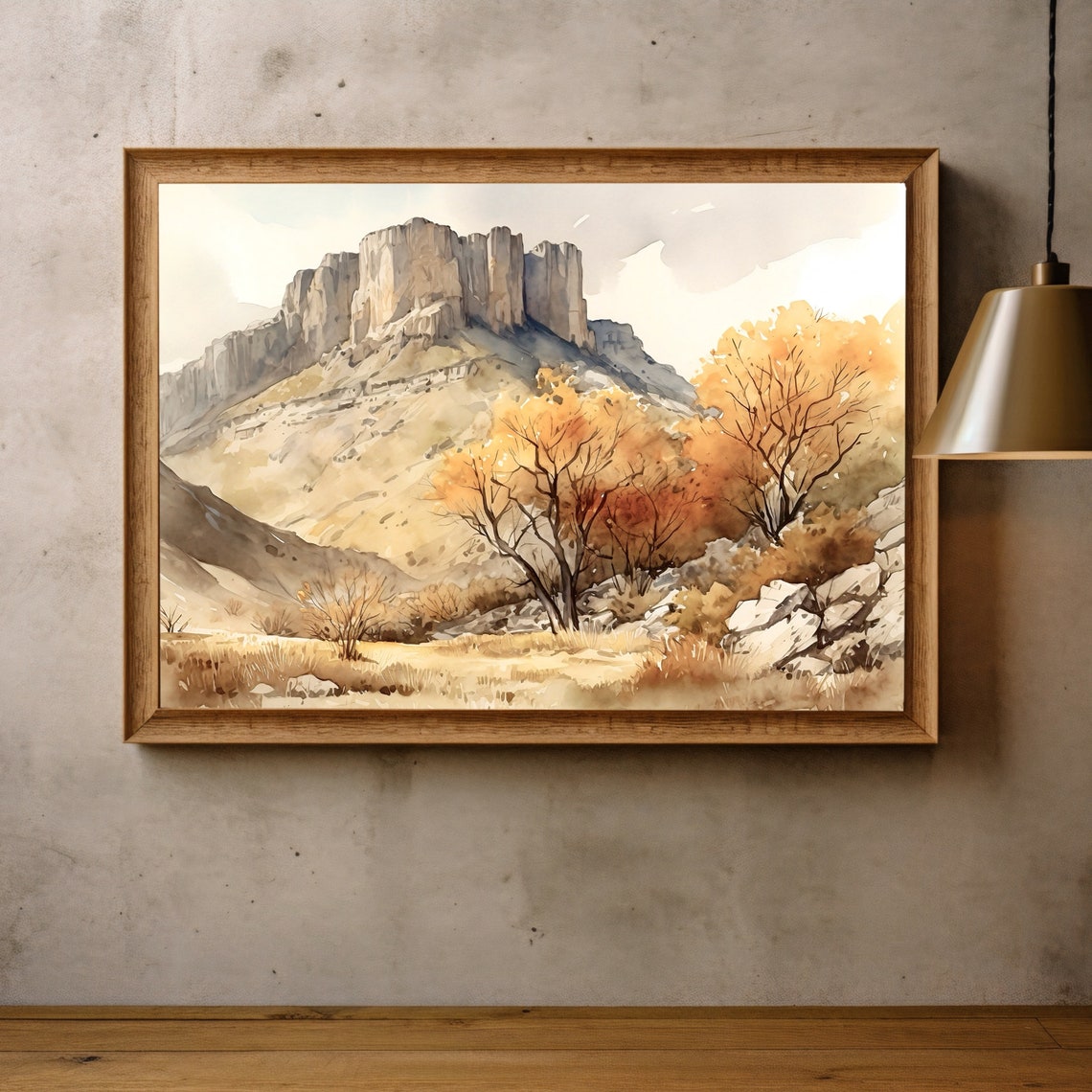 El Capitan Cliff Autumn Trees Golden Meadow Watercolor Desert Poster - Image 4