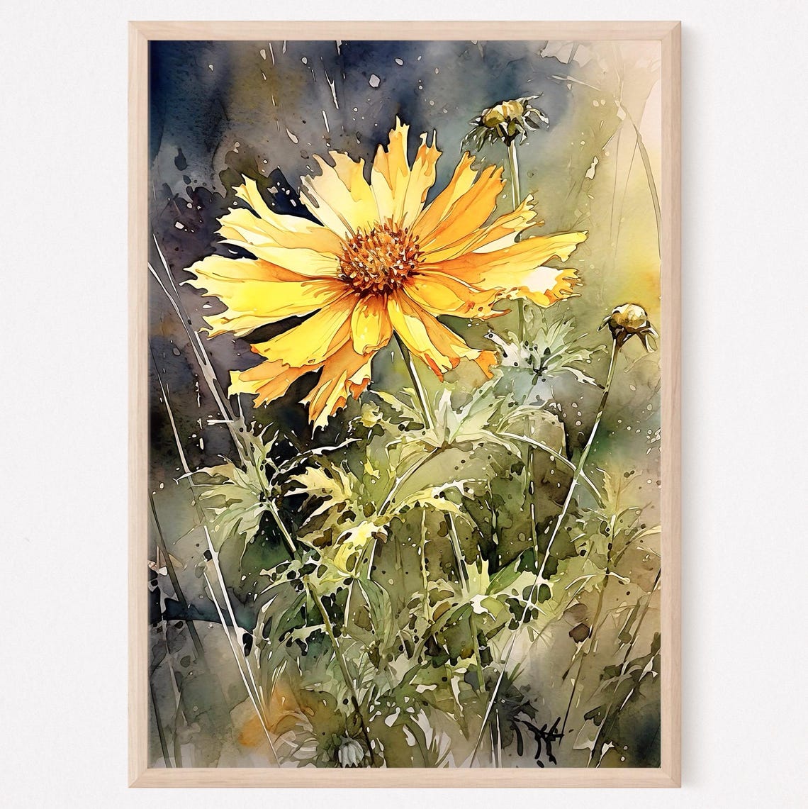 Golden Yellow Wildflower Bloom Dark Watercolor Floral Art Poster