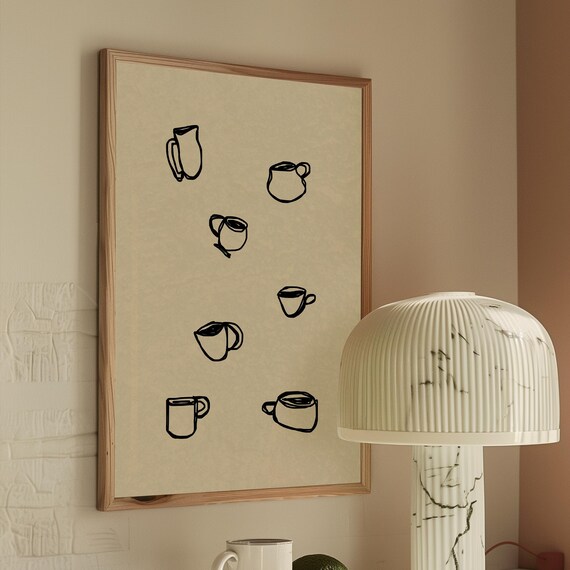 Coffee Cup Print Trendy Neutral Decor Handdrawn Kitchen Wall Art Digital Download