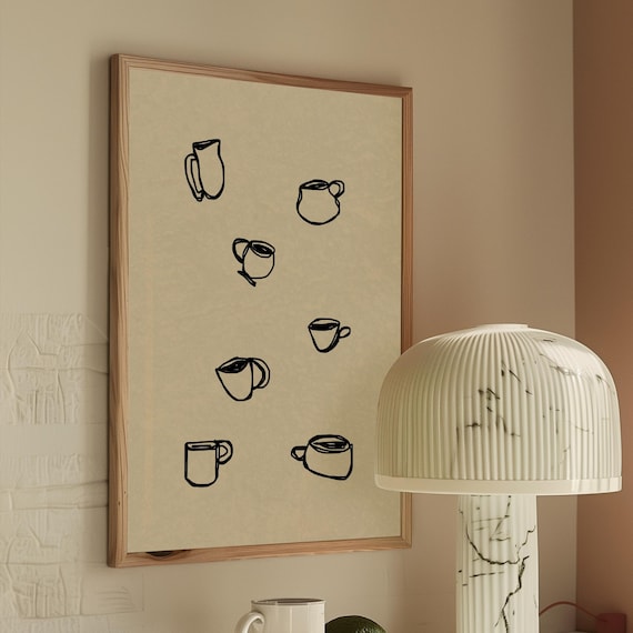 Minimalist Coffee Cup Line Art Scattered Neutral Kitchen Poster