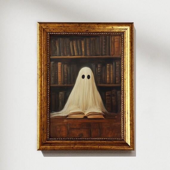 Cute Ghost Reading a Book in a Dark Library Painting Wall Art