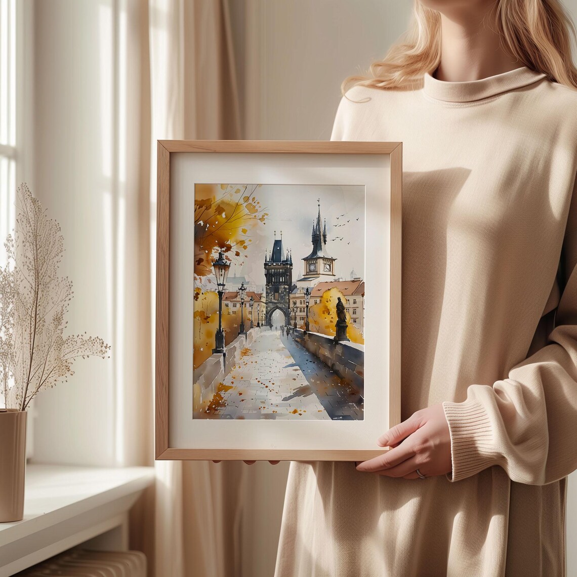 Prague Charles Bridge Autumn Golden Hour Watercolor Travel Poster - Image 2