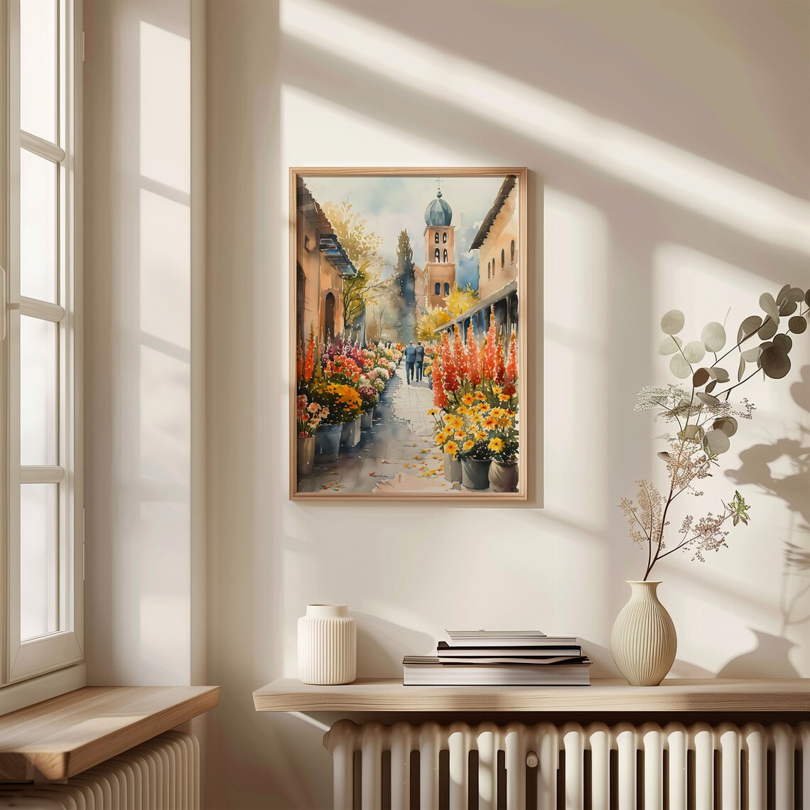 San Diego Flower Market Street Church Tower Blooms Watercolor Poster - Image 4