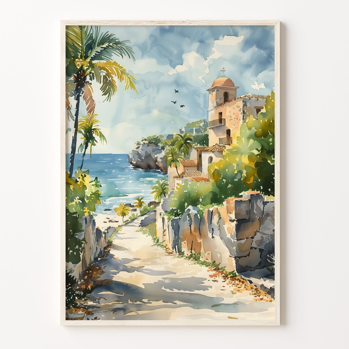 Cozumel Mexico Caribbean Village Church Palms Watercolor Poster