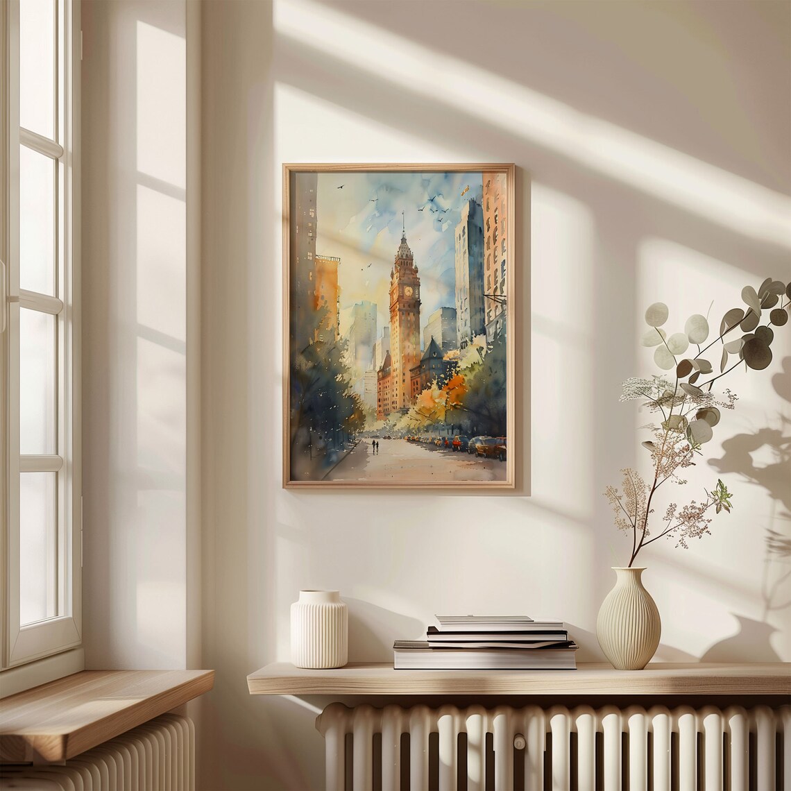 Historic Clock Tower City Avenue Autumn Trees Watercolor Poster - Image 4