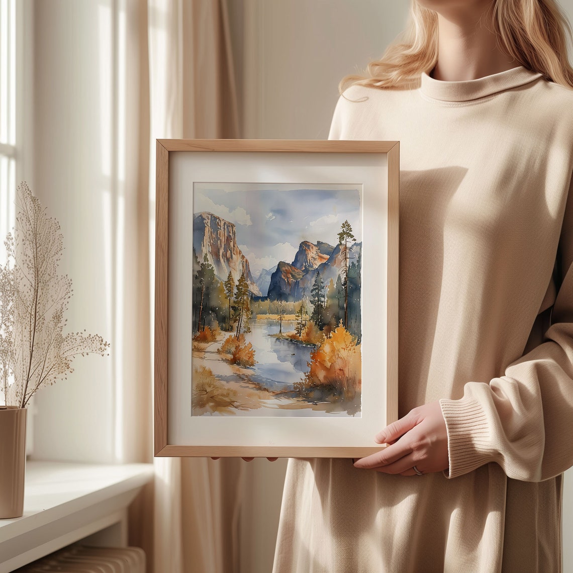 Granite Cliffs Mountain Lake Reflection Autumn Watercolor Print - Image 2