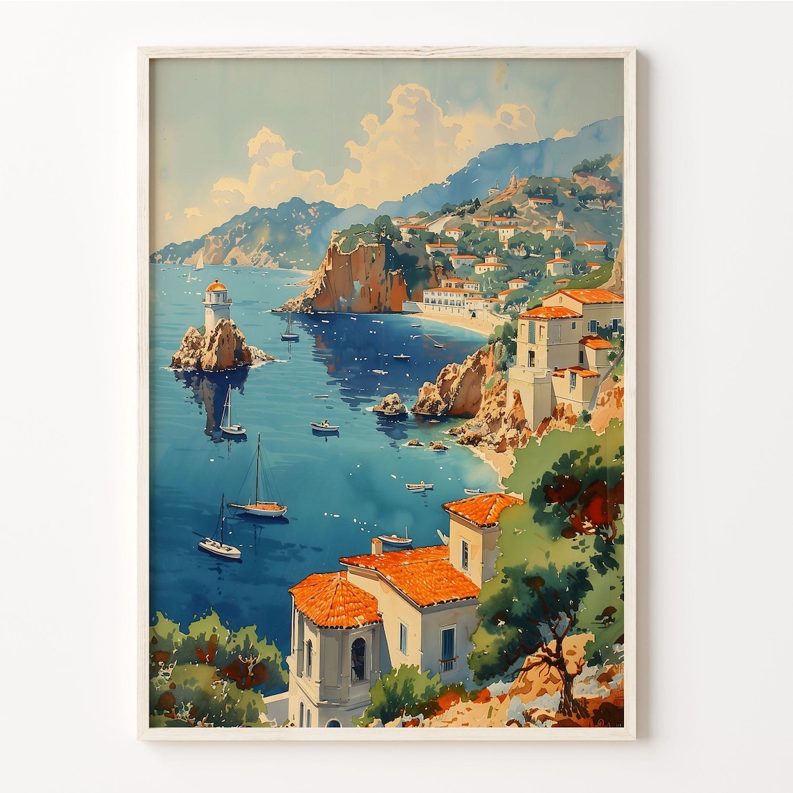 Catalina Island Mediterranean Coastal Bay Watercolor Painting Poster