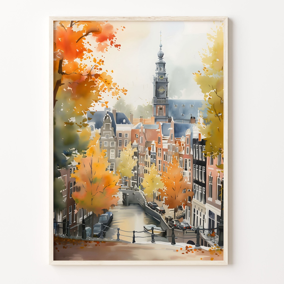 Amsterdam Charming Canal Autumn Church Tower Watercolor Poster