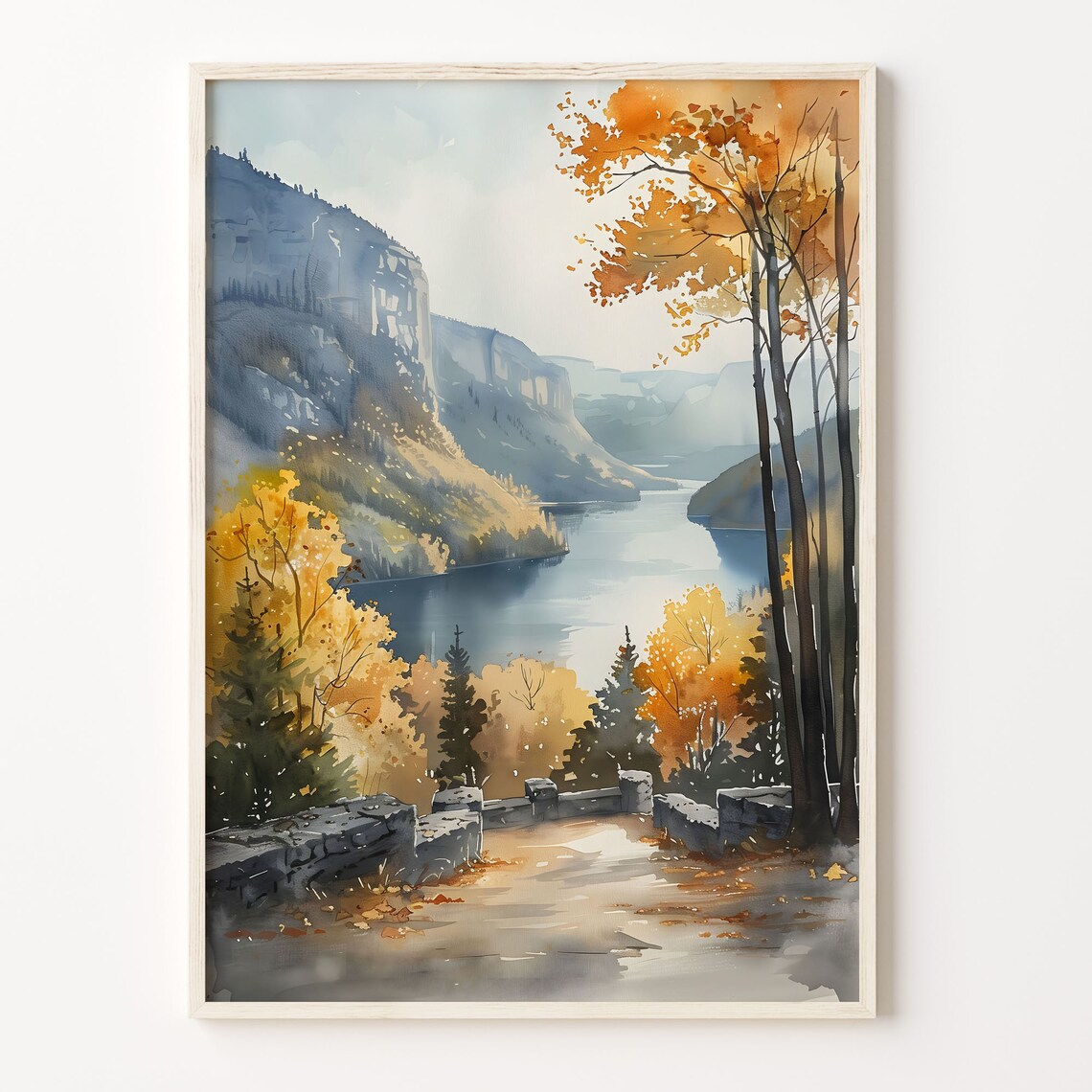 Finger Lakes New York Autumn Lake Gorge Watercolor Landscape Poster