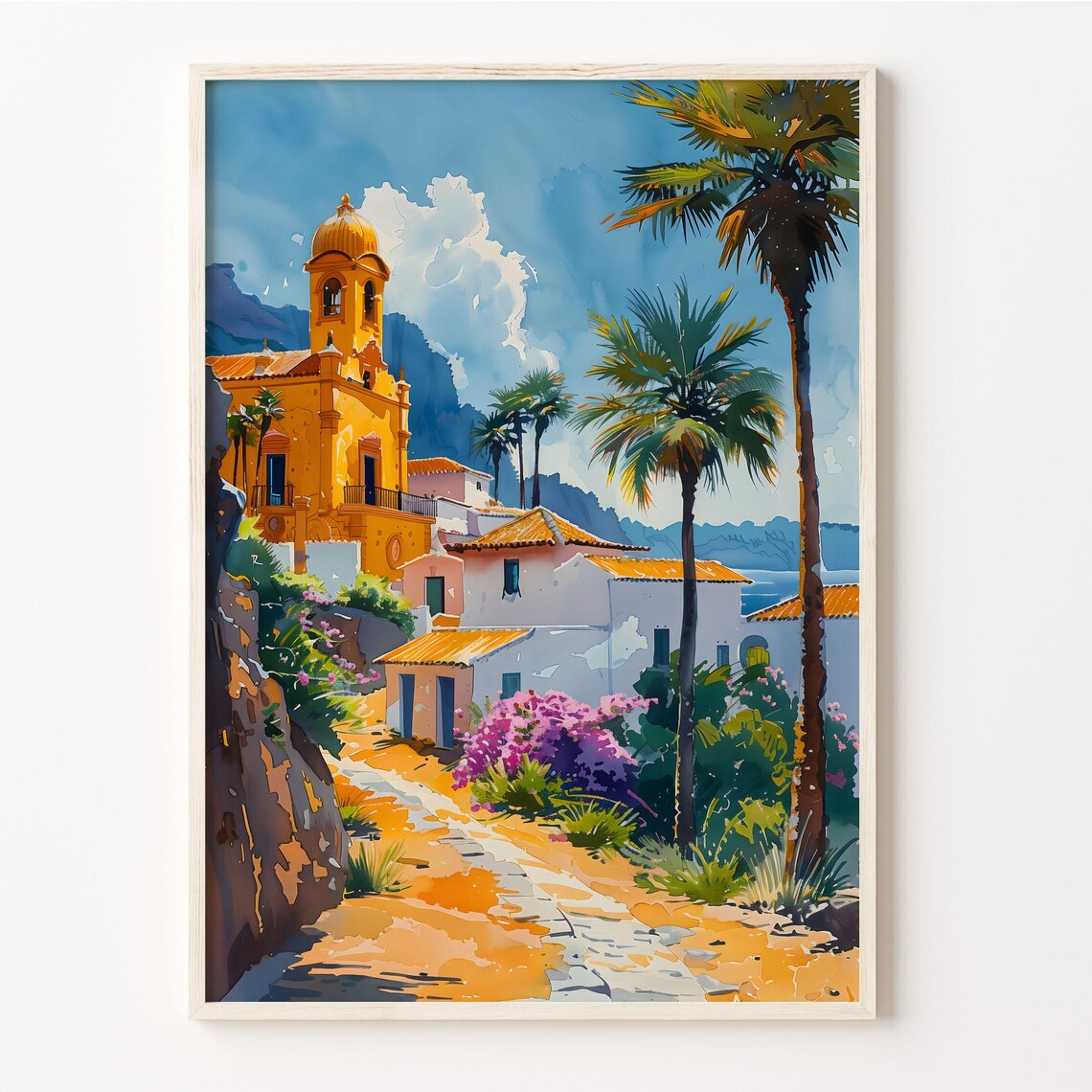 Gran Canaria Spain Sunny Island Church Watercolor Painting Poster