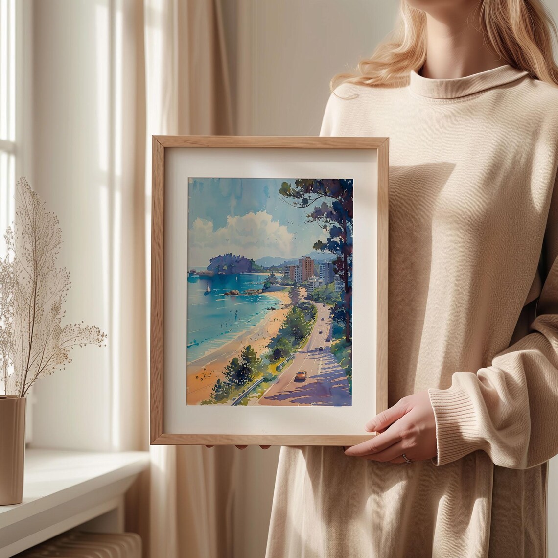 Mount Maunganui New Zealand Beach Watercolor Painting Poster - Image 2